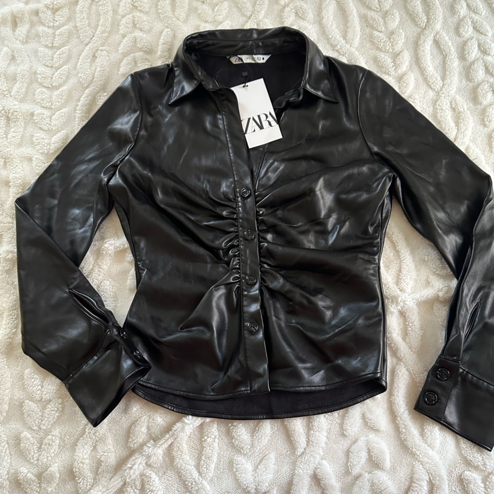 Zara Shiny Black faux stretch Leather blouse medium nwt